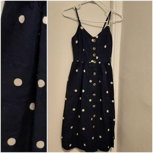 Japna Linen/Cotton Blend Spaghetti Strap Navy and Cream Polka Dot Dress